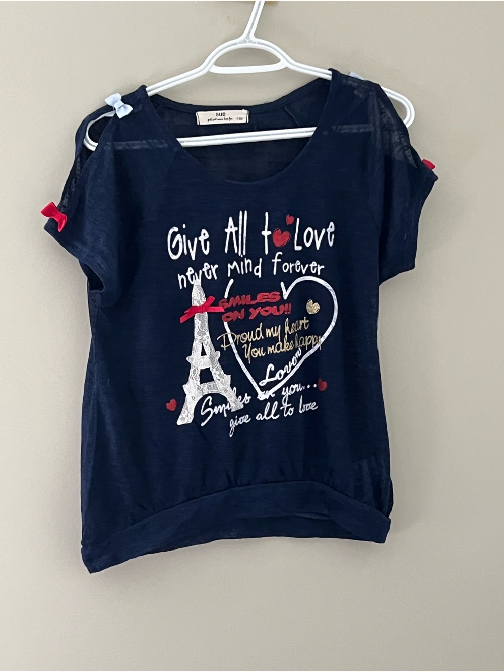 Sue Navy Paris Eiffel Tower Graphic Sheer Bow Sleeve Top Size 150